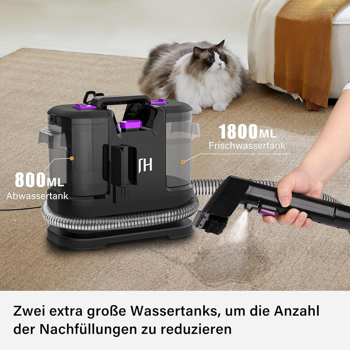 Wasstofzuiger – Tapijtreiniger – Bekledingsreiniger – Stofferingsreiniger – Autostoelreiniger – Krachtige 450W Zuigkracht – Dubbel Waterreservoir Met Zelfreiniging