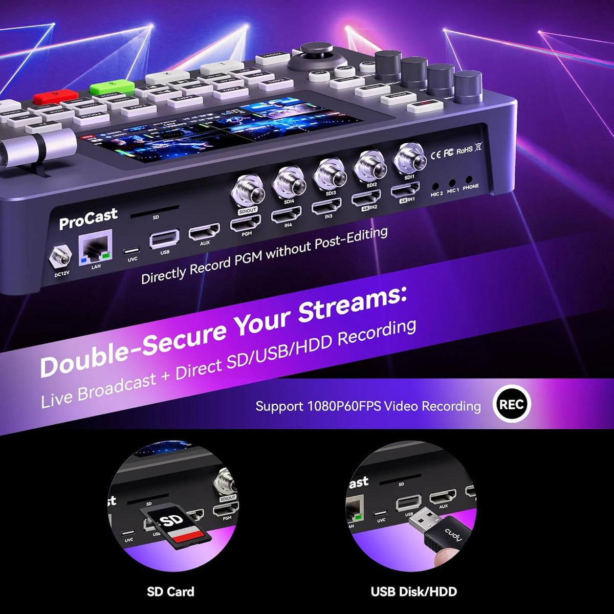Tenveo Videomixer, 4K 60FPS Videoswitcher voor Livestreaming, 5,5" FHD-scherm, 4 SDI-ingangen en 4 HDMI-ingangen, 1080P 60FPS-uitgang, USB-opname （TEVO-ProCast-EU）