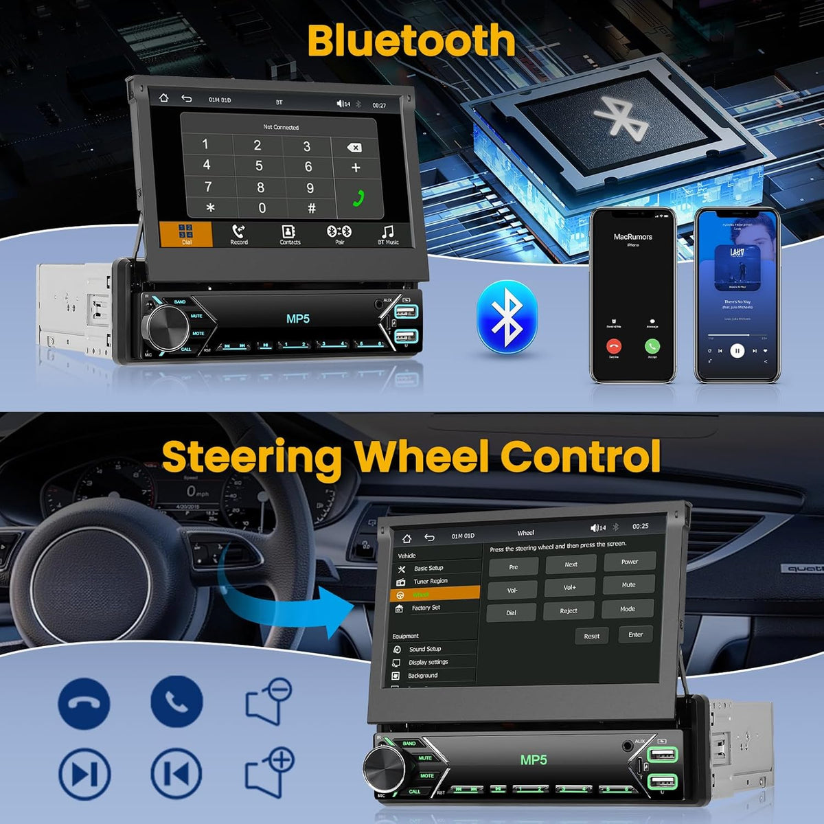 Hikity 1 Din autoradio met 7 inch flip-out gemotoriseerd touchscreen autoradio met Bluetooth radio achteruitrijcamera Mirror Link USB AUX MIC