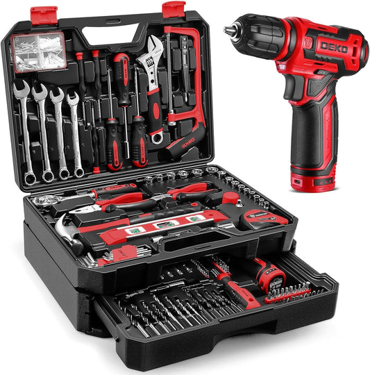 Gereedschapskit Doos Boorset: DEKO 238 Stuks Home Mechanic Toolbox met 12V Power Draadloze Boor Hand Reparatie Gereedschap Sets Combo Kits Opslag Organizer Lade Case voor Mannen (Rood)