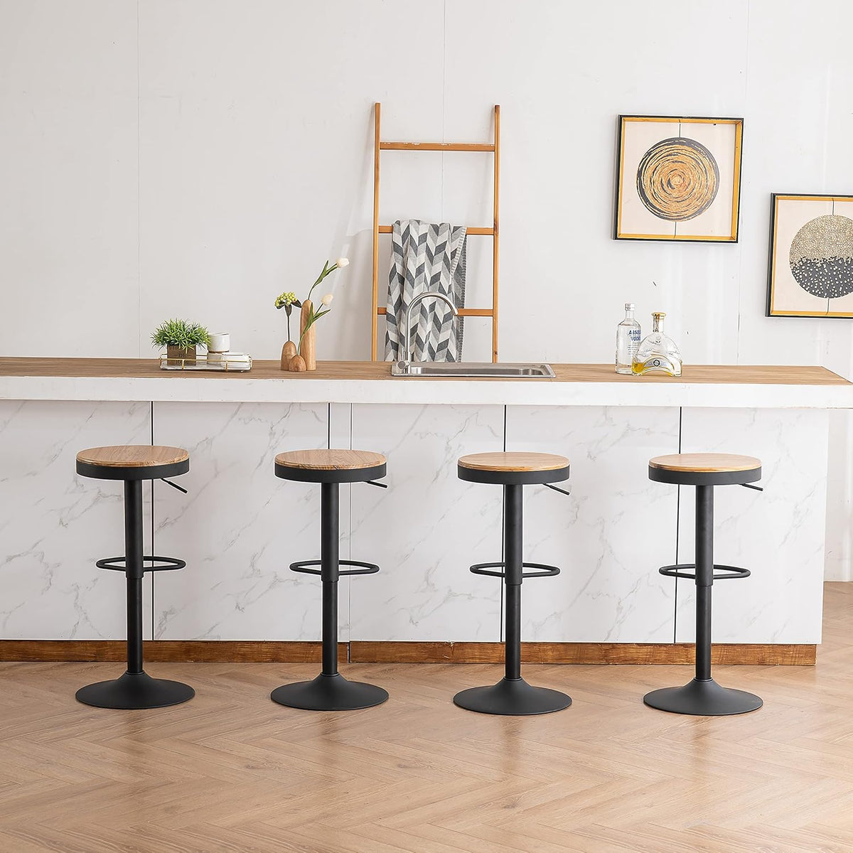 Kidol & Shellder barkrukken houten zitting, set van 2,360° draaibare krukken, verstelbare barkrukken bar hoogte, vintage industrieel, zwart