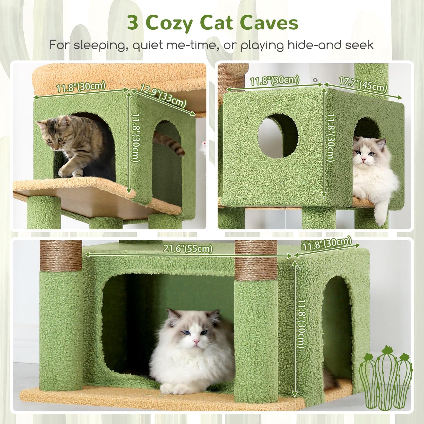 Globlazer Cat Tree Cactus Green Large, Scratching Post XXL High 204cm with 3 Cat House, 2 Large Platform, 2 Baskets Soft, Stable Cat Tower Luxury for 3-5 Large Cats Rest Playing (F80F, Green) - QUORE