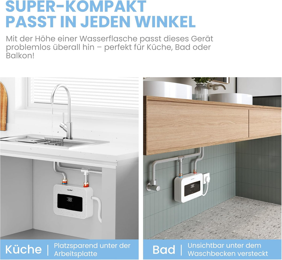 COMFEE CWH3.5EA1W Mini-doorstroomboiler, 3,6 kW, voor wastafel, elektrische doorstroomboiler, klein, 230 V onderbouw, elektronisch geregeld, drukvast, onmiddellijke warmwaterbereiding, ruimtebesparend