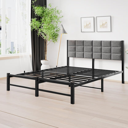 Bedframe, 120 x 200 cm met lattenbodem van metaal, gestoffeerd bed met opbergruimte, bedframe, tienerbed, tweepersoonsbed met hoofdeinde, voor slaapkamer, logeerkamer, donkergrijs