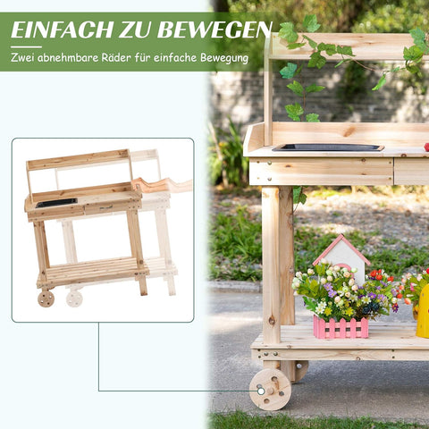 Oppottafel - Tuinwerktafel - Plantentafel -Tuinwerkbankje - met Schuiflade - 2 Niveaus - Bloementafel - voor Tuin - Sparrenhout - 92 x 45 x 119 cm - Natuurlijk Hout