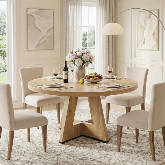 Ronde Eettafel – Eettafel Rond – Keukentafel – Tafel 4 Personen – Landelijke Tafel – Massief Hout – Diameter 120 cm – Rustieke Bruine Afwerking
