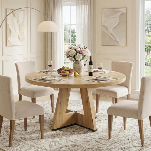 Lailang 120cm Ronde Eettafel, Japandi Eetkamertafel, Modern Kitchen Dining Table, Houten Eettafel, Dining Table For 4 Person, Rustic Dining Room Table, 120 x 120 x 75 cm, Burlywood