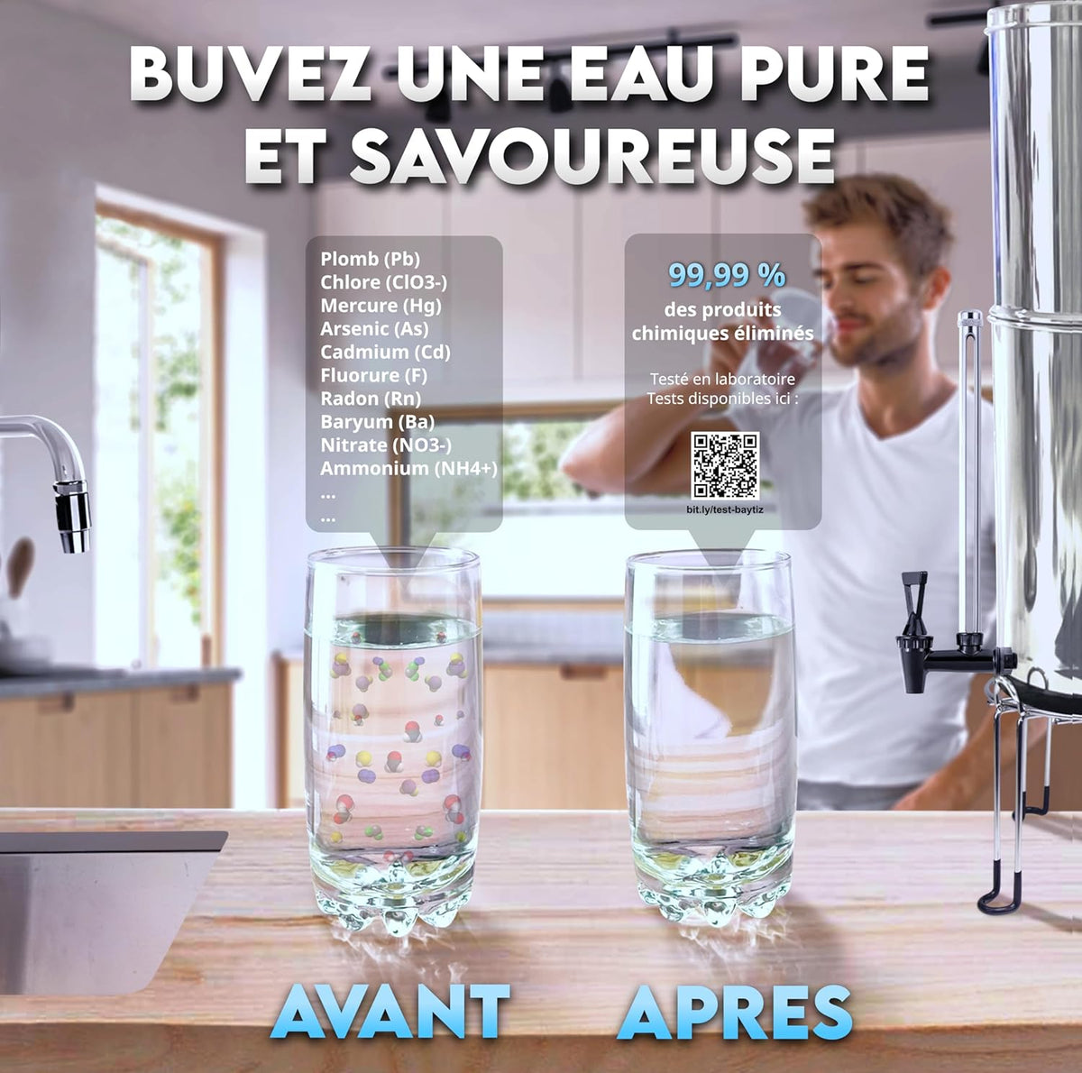 Waterzuiveraar met zwaartekracht – Waterfilter – Waterdispenser – Waterfontein – Waterfilterkraan – 8,5 liter – Actieve koolfilter zonder stroom