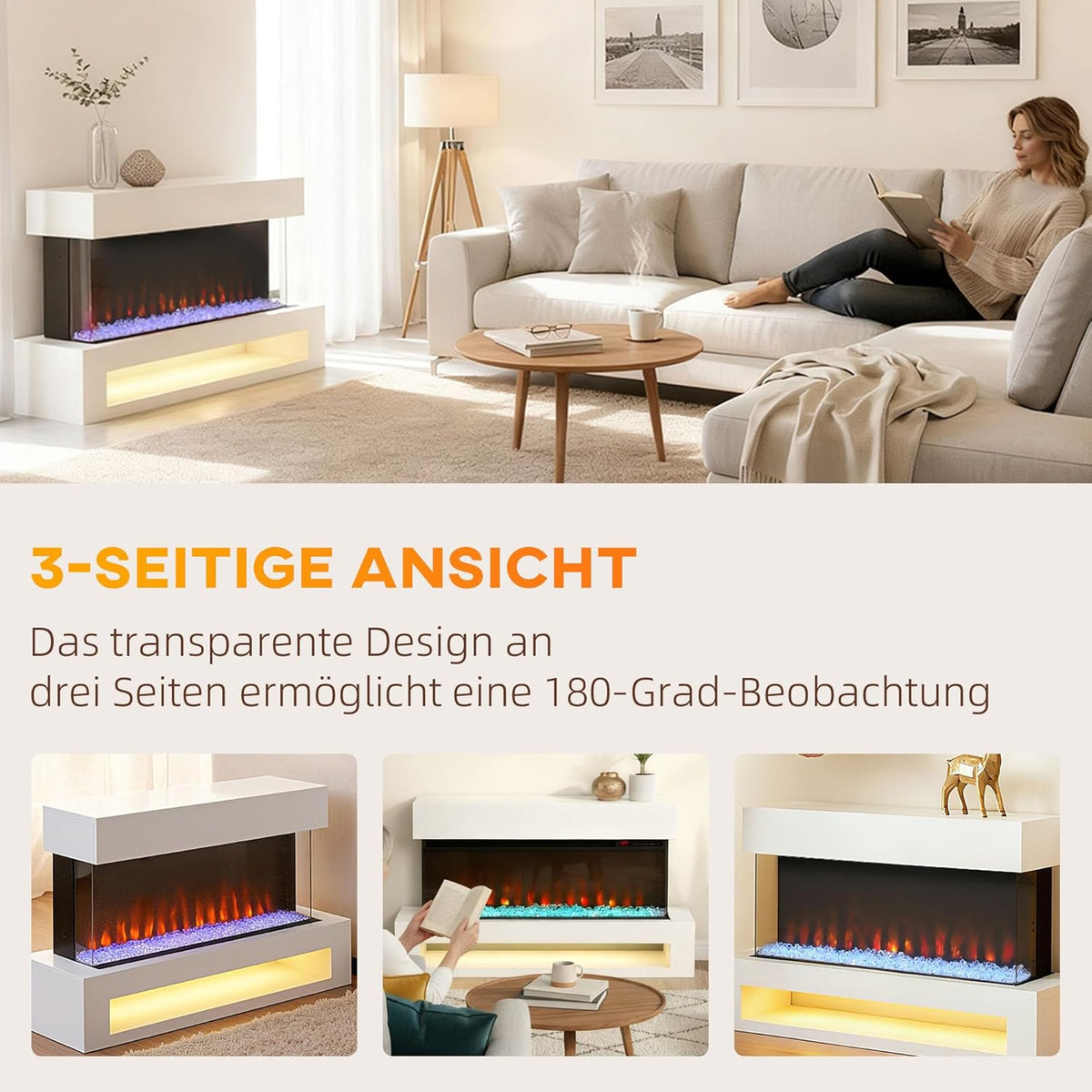Elektrische Haard – Open Haard – Wandhaard – Sfeerverwarming – Decoratieve Haard – 2000W Vermogen – 11 Vlamkleuren & 10 Kristalopties