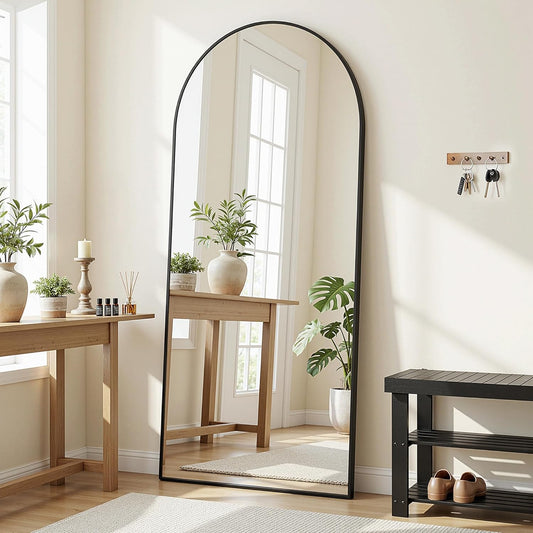 Antok 180 x 72 cm full-body spiegel, gebogen staande spiegel, frame van aluminiumlegering, onbreekbaar glas, vloerspiegel voor woonkamer, kleedkamer, zwart