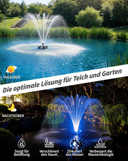 POPOSOAP Drijvende vijverfontein en beluchter, complete set met ledlampen, 4600 l/u waterpomp, 9 m netsnoer, 3 sproeivarianten voor vijvers, zwembaden, meren en watertuinen