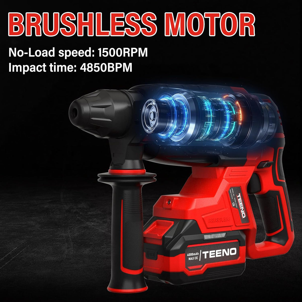 <font dir="auto" style="vertical-align: inherit;"><font dir="auto" style="vertical-align: inherit;">        TEENO Akku Bohrhammer 20V Bürstenloser Motor, 2.6J, 1500RPM & 4850BPM, SDS-Plus, 2×4.0Ah Akku & Schnelladegerät, 3 Funktionen, Anti-Vibration, LED,
