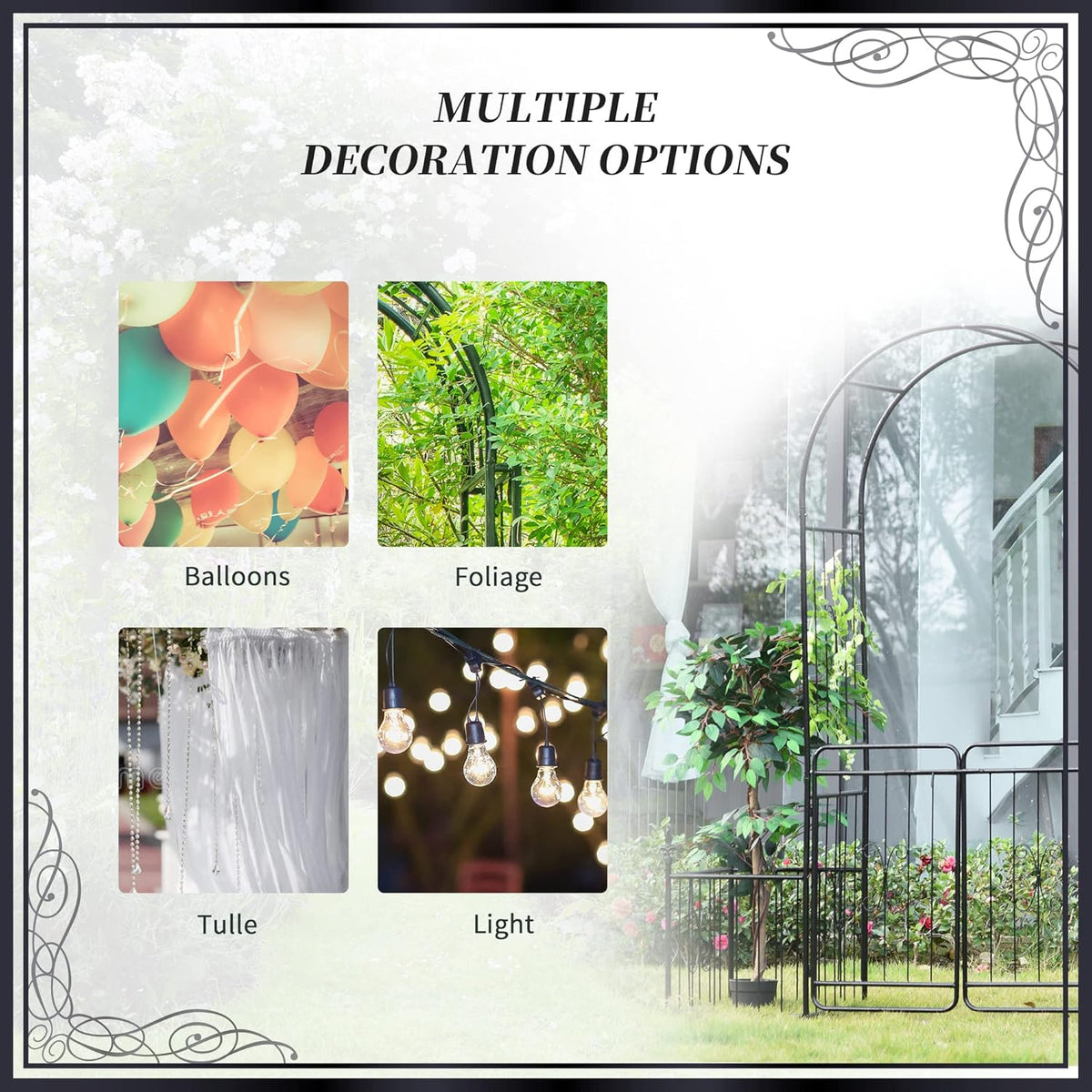 Outsunny Metal Garden Arbor Arch with Double Doors, 2 Side Planters, Climbing Vine Frame, Black - QUORE