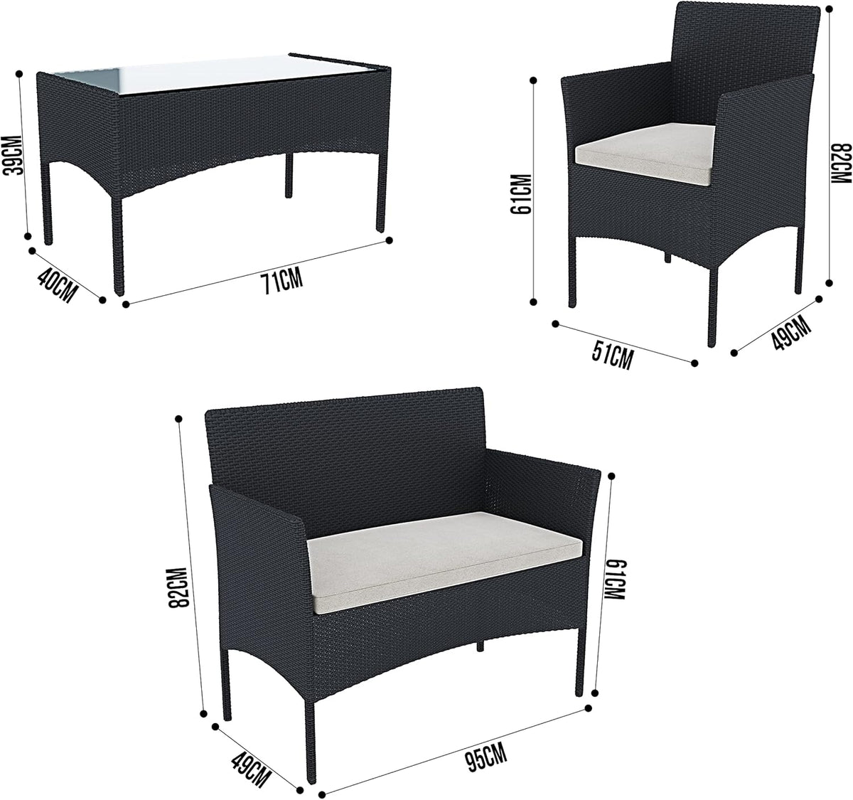 Arreditaly Tuinmeubelset, woonkamer, rotan, 4-zits met tafel en glazen rek, 2 stoelen en 2-zits, voor tuin, buitenzwembad, afneembare kussens (zwart)