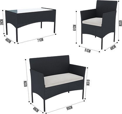 Arreditaly Tuinmeubelset, woonkamer, rotan, 4-zits met tafel en glazen rek, 2 stoelen en 2-zits, voor tuin, buitenzwembad, afneembare kussens (zwart)
