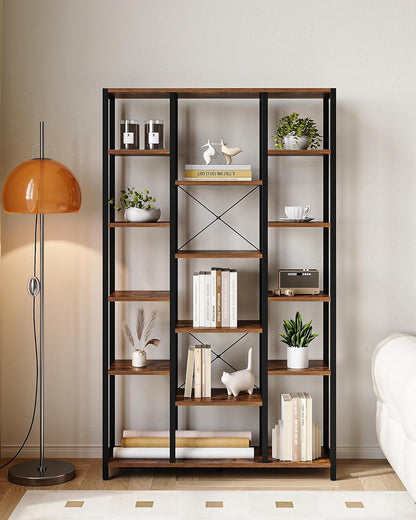 Hzuaneri Bookshelf, 6 Tier Bookcase with 15 Open Shelves, Adjustable Storage Cabinet for Living Room and Home Office, 30 x 100 x 170 cm, Rustic Brown and Black, BC15001B