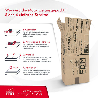 FDM Matras, 120 x 200 cm, hardheid H3/H4, hoogte 14 cm, koudschuimmatras, dubbelzijdige rolmatras, HR-schuim, 7 comfortzones, met hypoallergene, wasbare jersey overtrek, Oeko-Tex Verdura Max