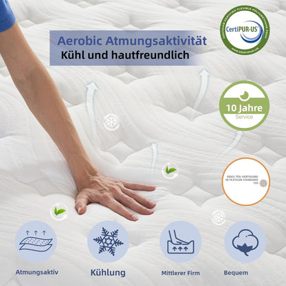 Matras 140 x 200 cm, pocketveringmatras H3 hoogte 31 cm 7-zonen orthopedische matras met comfort memory-schuim laag, 101 nachten proefslapen, Öko-Tex gecertificeerd