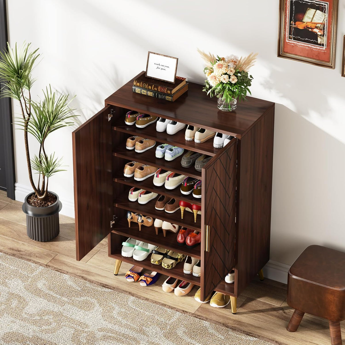Tribesigns Shoe Cabinet with 2 Doors, 75 x 37 x 110 cm, Shoe Rack for 25 Pairs Shoes, Shoe Tipper Slim Wooden Shelf Organizer for Entrance, Hallway Closet, Living Room (Walnut)