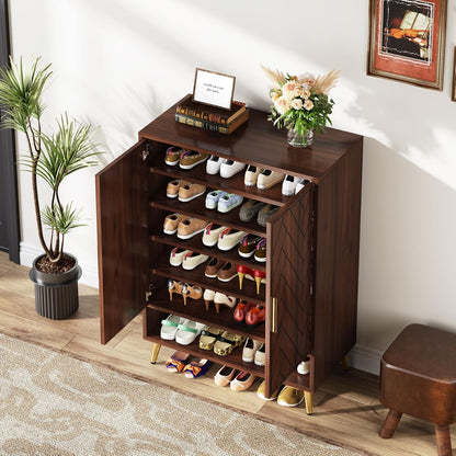 Tribesigns Shoe Cabinet with 2 Doors, 75 x 37 x 110 cm, Shoe Rack for 25 Pairs Shoes, Shoe Tipper Slim Wooden Shelf Organizer for Entrance, Hallway Closet, Living Room (Walnut)