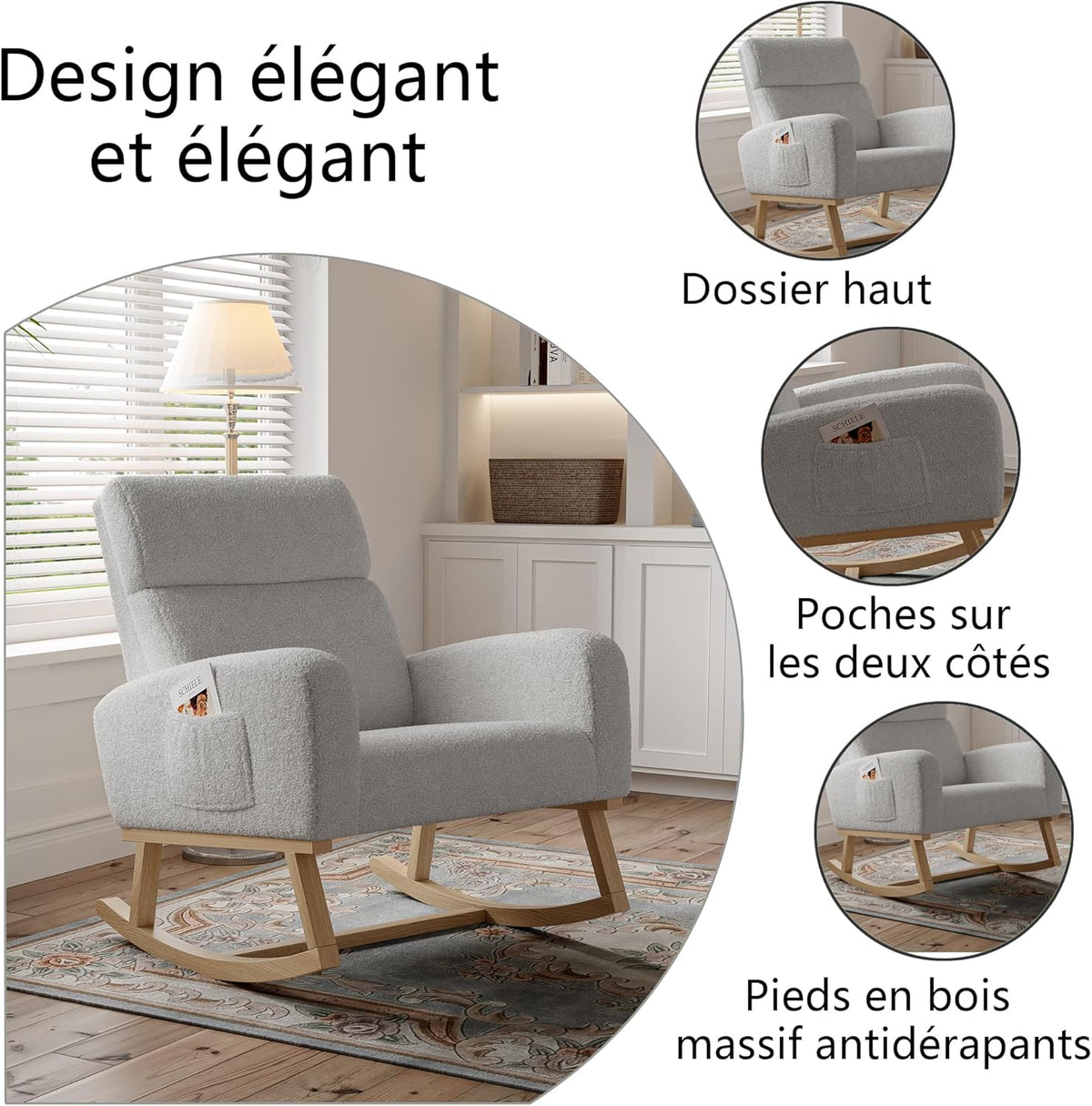 Schommelstoel – Relaxstoel – Hangstoel – Voedstoel – Leunstoel – Lichtgrijs – Ergonomisch Ontwerp – Zachte Teddy Stof