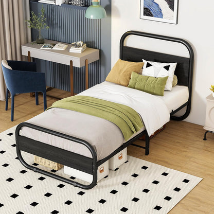 HOMERECOMMEND Eenpersoonsbedframe met hoofdeinde, zwart eenpersoonsbed 90x190 cm met opbergruimte onder het bed, stalen latten matrasstichting ronde pijpontwerp, zwart