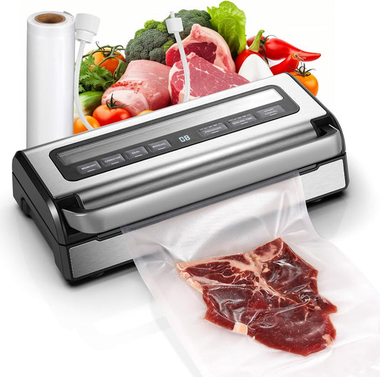 Vacuum sealer 95 kPa, 9-in-1 Voedings Vacuüm Machine met Instelbare Tijd/Drukmodus, Geheugenfunctie, Dubbele Dichting, Zakkenknipper en Ingebouwde Opslag, inclusief 2 Zakkenrollen & Slang