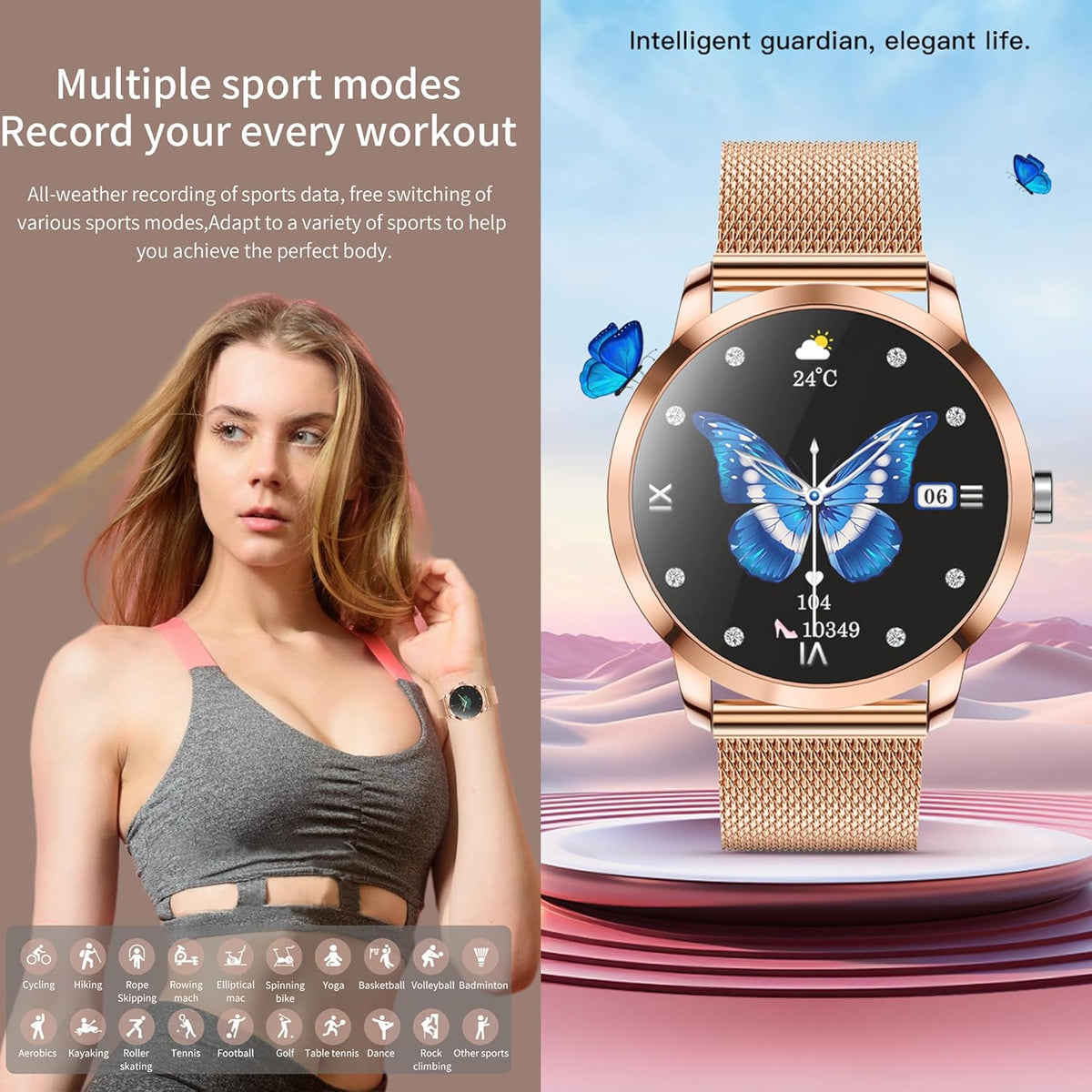 Smartwatch voor Damen met Bluetooth Bellen, 3 Armbanden, 1,09" Slimme Horloge, IP68 Waterdicht Sporthorloges, Hartslagmeter, SpO2, Slaapmonitor, Fitnesstrackerhorloge voor Android/iOS (Goud)