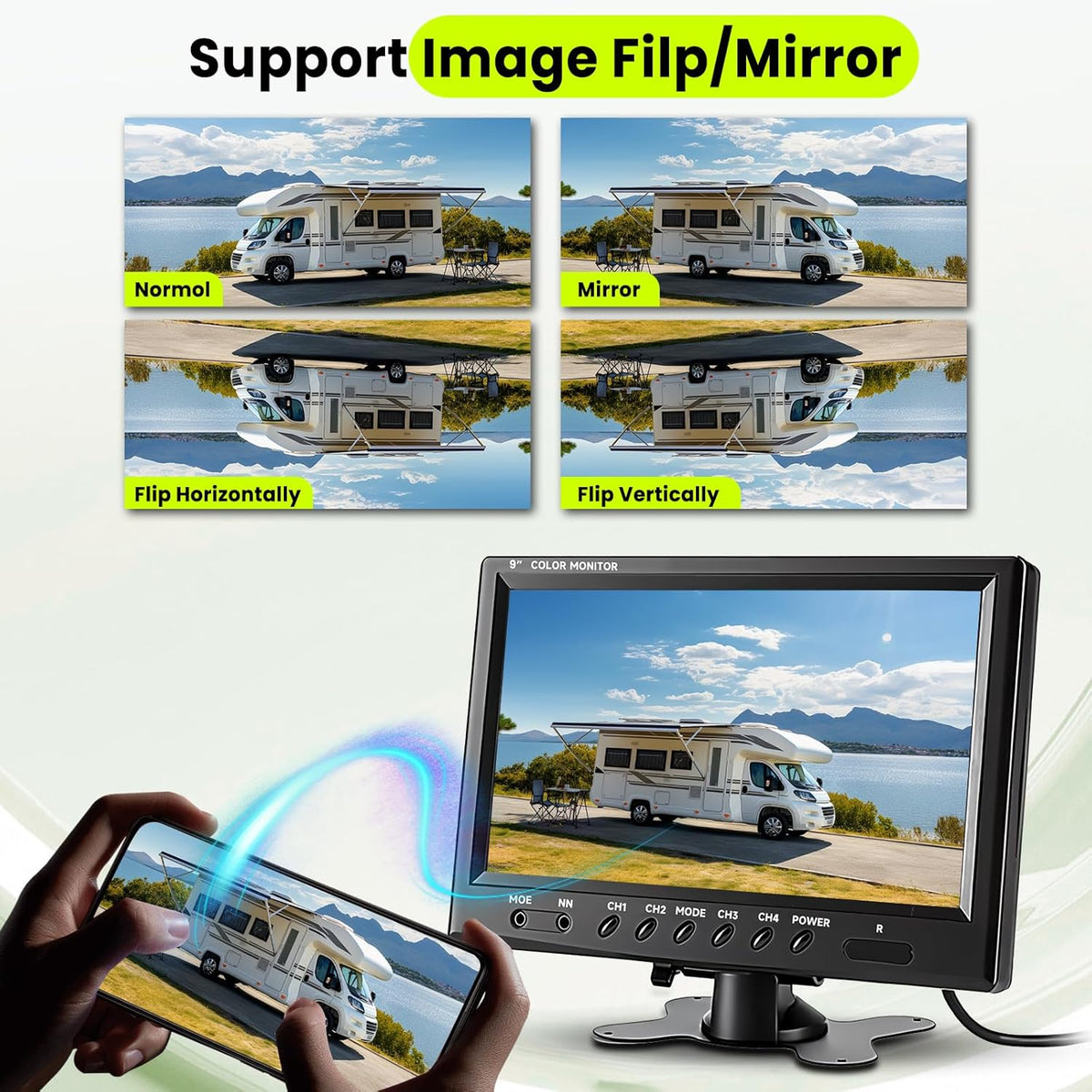 Podofo Vans RV achteruitrijcamera set, 9" monitor met 4 camera's, 4-kanaals videosysteem, IP68 nachtzicht, geschikt voor vrachtwagens/campers/auto's.