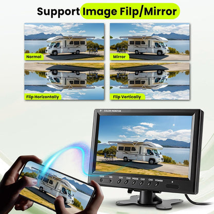 Podofo Vans RV achteruitrijcamera set, 9" monitor met 4 camera's, 4-kanaals videosysteem, IP68 nachtzicht, geschikt voor vrachtwagens/campers/auto's.