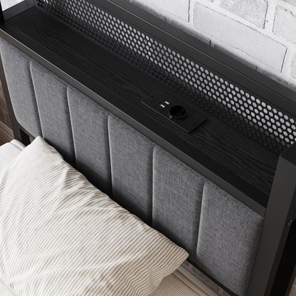 Bedframe met laadstation, eenpersoonsbed, metalen bed, gestoffeerd bed, 90 x 200 cm, bedframe van metaal, jeugdbed met lattenbodem, hoofdeinde in grijs, voor slaapkamer en logeerkamer