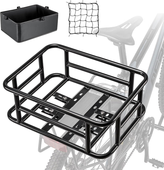 Fietsmand - Fietskrat - Achterfietsmand - met Cargo-Net & Liner - Robuust - Duurzam - Eenvoudige Installatie - 6kg Laadvermogen - 10L - IJzer - 42 x 32 15 cm - Zwart