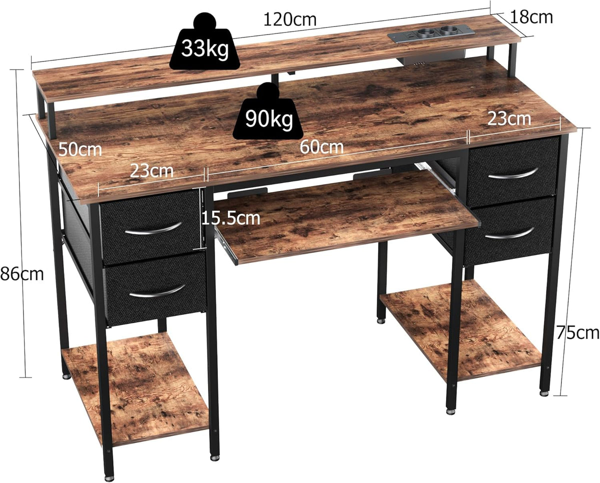 BEXEVUE Modern Bureau Stopcontacten LED - 120x50cm Gaming Computertafel, Toetsenbordlade 4 Omkeerbare Lades, Grote Opbergruimte Boekenplank Werkstation voor Studie Speel Werk Slaap Kamer Thuis Kantoor