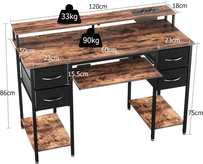 BEXEVUE Modern Bureau Stopcontacten LED - 120x50cm Gaming Computertafel, Toetsenbordlade 4 Omkeerbare Lades, Grote Opbergruimte Boekenplank Werkstation voor Studie Speel Werk Slaap Kamer Thuis Kantoor