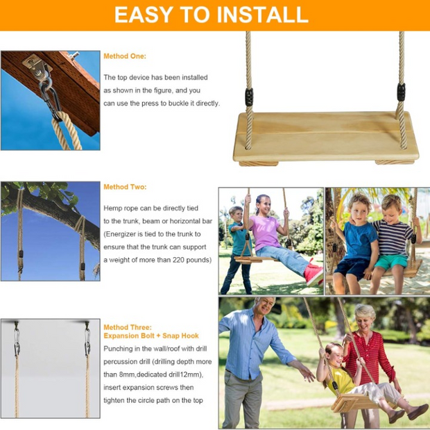 Schommelzitje - Schommels - Kinderschommel - Schommelplankje - voor Binnen Buiten - In Hoogte Verstelbaar Touw - Belastbaar tot 100kg - Hout - 45 x 19.5 cm - Beige