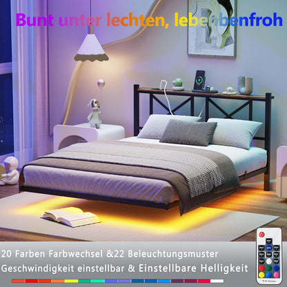 Bed met ledverlichting, modern zwevend bedframe met stopcontact en USB-oplaadfunctie, zwart, 140 x 200 cm