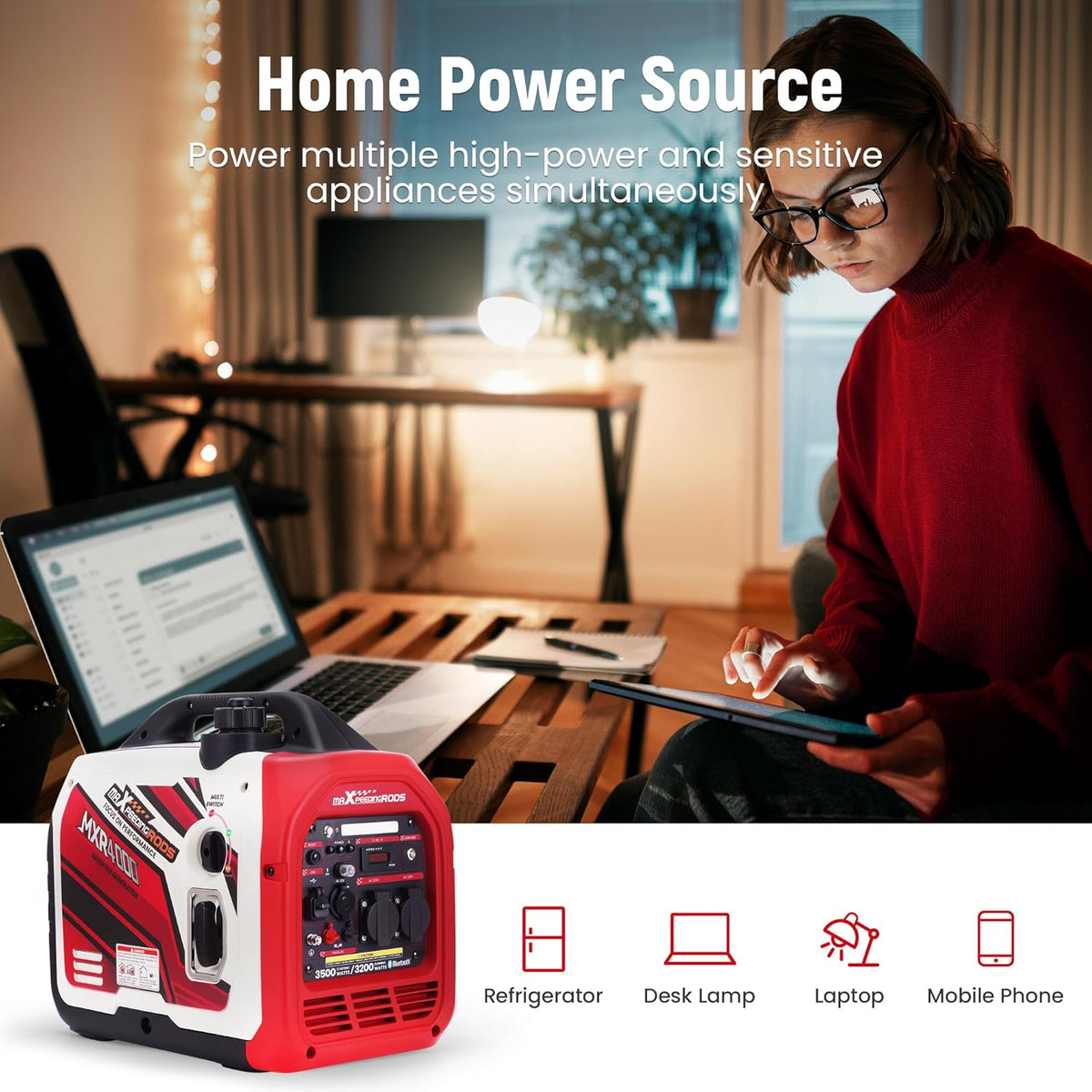 maXpeedingrods Stroomgenerator, inverter, 3500 W, benzinegenerator, met gegevensbewaking via Bluetooth®-app, geschikt voor camper, outdoor camping, back-up voor thuis