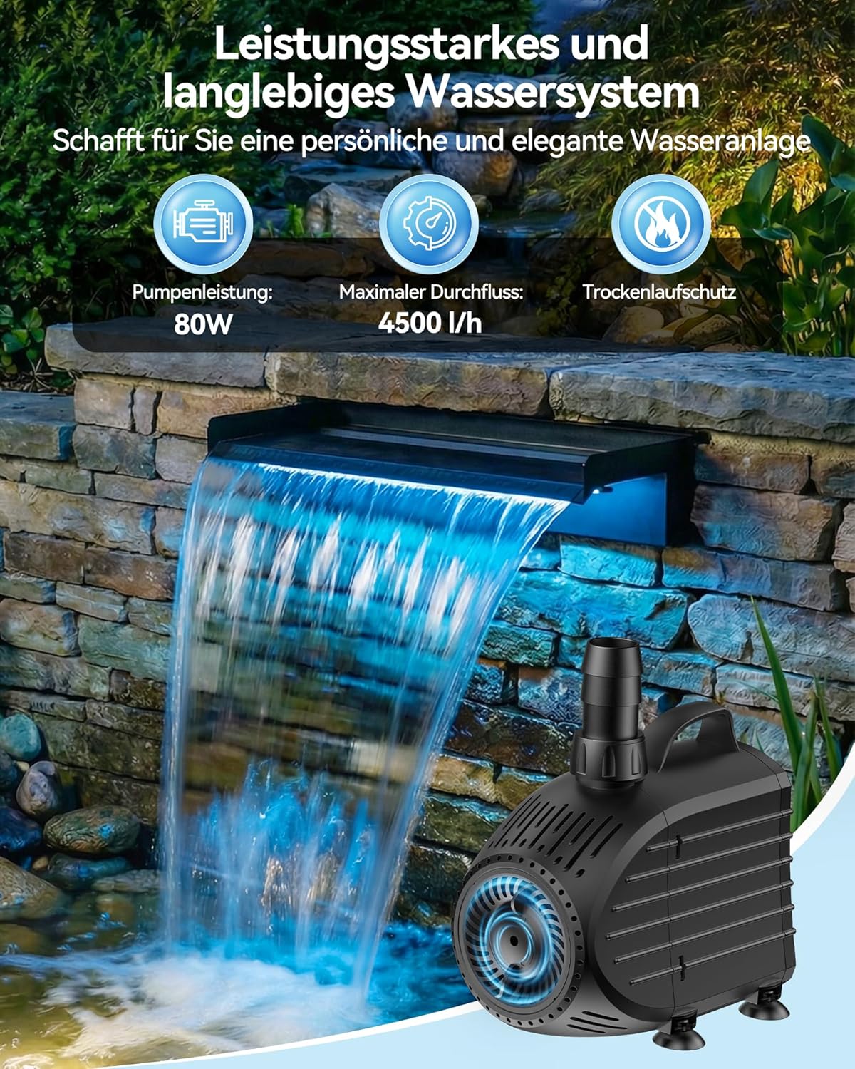 POPOSOAP Vijverwaterval met pompset, waterval-overloop van roestvrij staal 304 met 40 W pomp (660 GPH), vijveroverloop met 9,8 voet lange golfbuis voor de tuin (60 cm)