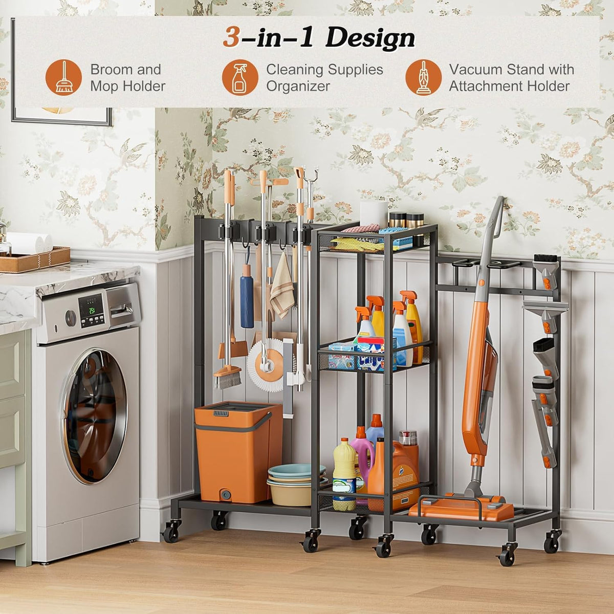 Bikoney Bezemhouder en Organizer Schoonmaakmiddelen, Schoonmaakkar met Wielen en Kast, Trolley voor Bezem en Mop met Stofzuigerhouder, Multi Functionele Schoonmaaktrolley voor Huis en Wasruimte