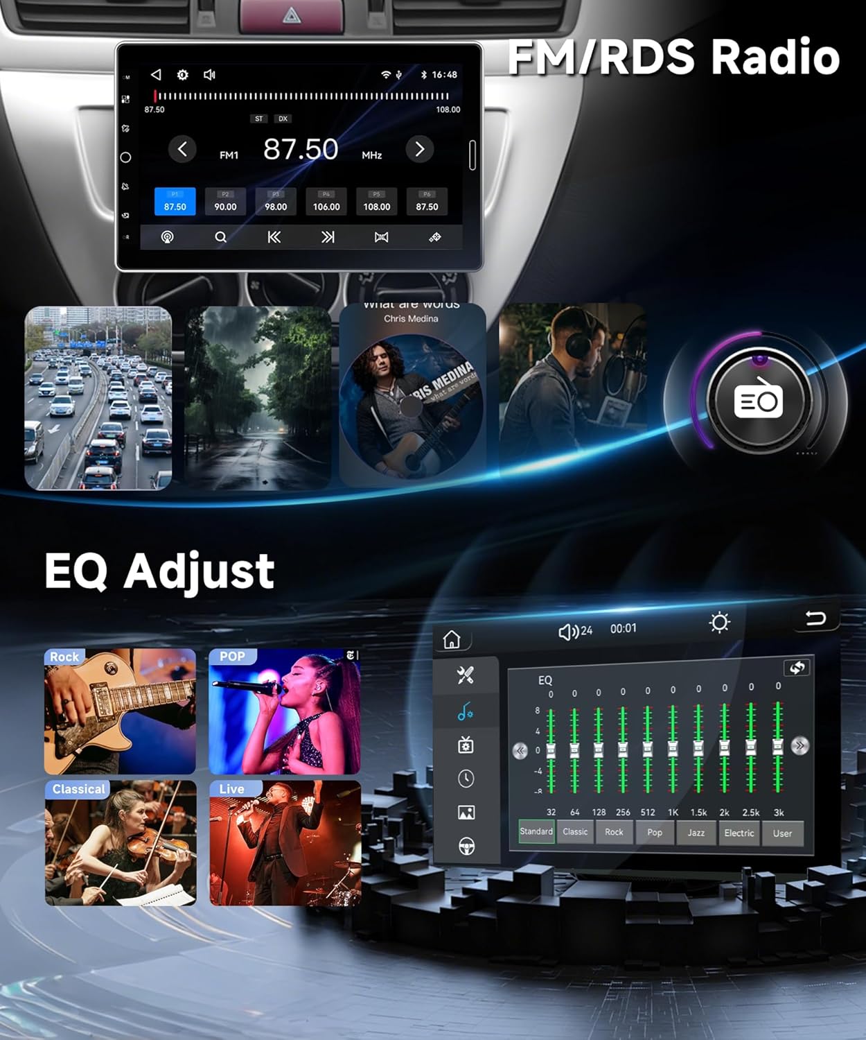 Car Radio, 1 Din with Carplay Android Auto, 10.1 Inch IPS Setting, Touch Screen, Radio, Car Support, Bluetooth, FM Radio, Mirror Link, GPS, 2USB, SWC, MIC, Rear View Camera - QUORE