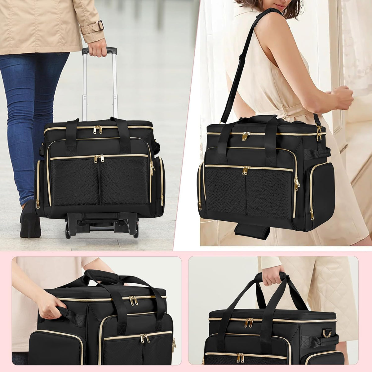 Rolling Teacher Bag with Wheels, Docententas met Afneembare Trolley, Docententas op wielen past voor 15. 6” Laptop en Docentenbenodigdheden, Zwart (Patent Design)