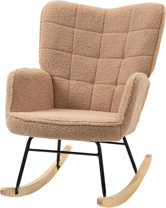 Schommelstoel – Wiegstoel – Relaxstoel – Fauteuil – Lounge Stoel – Bruin – Berbervlies Bekleding – Max. Belastbaar 120 kg