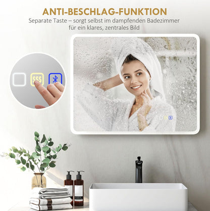 Verlichte Badkamerspiegel – Led Spiegel – Touch Spiegel – Bluetooth Spiegel – Anti-Fog Spiegel – 90x70 cm – Dimbare 3-Kleurige Ledverlichting – Geheugenfunctie