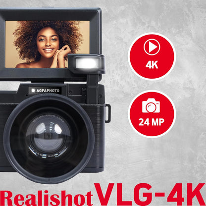 AgfaPhoto Realishot VLG-4K Vlogging-kit, 24 MP camera, 4K video, 3 inch LCD-display, 16 x digitale zoom, CMOS-sensor, lithiumbatterij, zwart