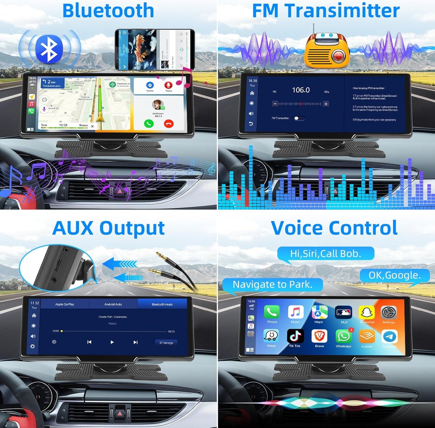 Podofo 10,26 inch draagbare autoradio met draadloos A-pple Carplay Android autorecorder scherm, 7-32V touchscreen met stemassistent/Bluetooth/FM zender/AUX/TF kaart