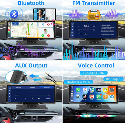 Podofo 10,26 inch draagbare autoradio met draadloos A-pple Carplay Android autorecorder scherm, 7-32V touchscreen met stemassistent/Bluetooth/FM zender/AUX/TF kaart