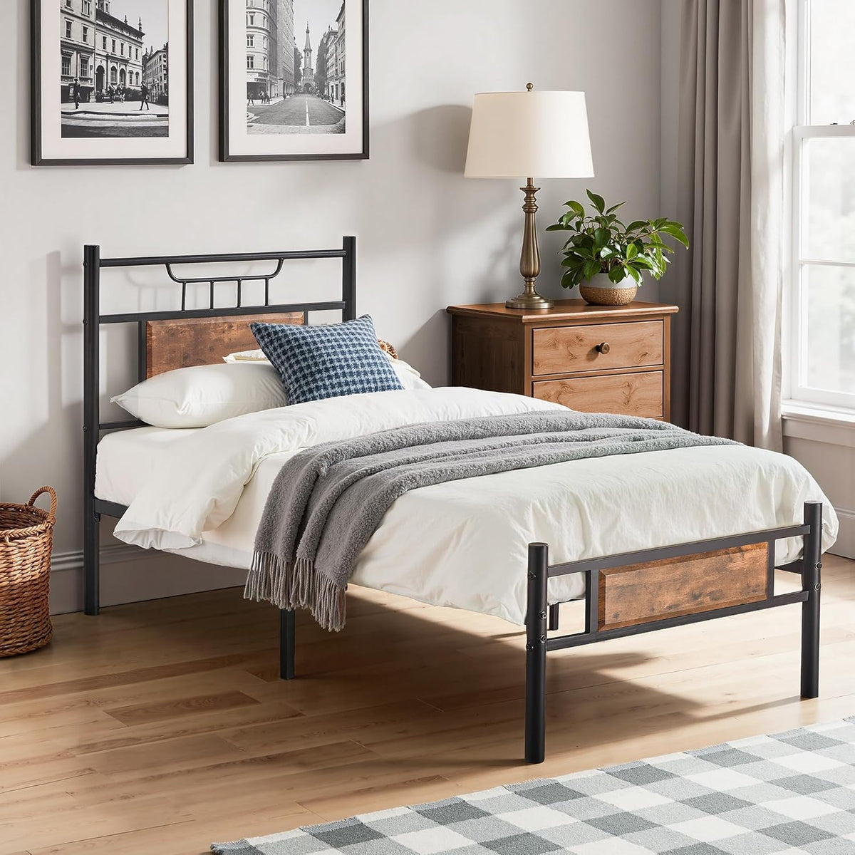 VECELO Bedframe 90 x 200 cm, eenpersoonsbedbodem met houten hoofdeinde, lattenbodem van hoogwaardig staal, opslag onder het bed, eenvoudige montage, bruin