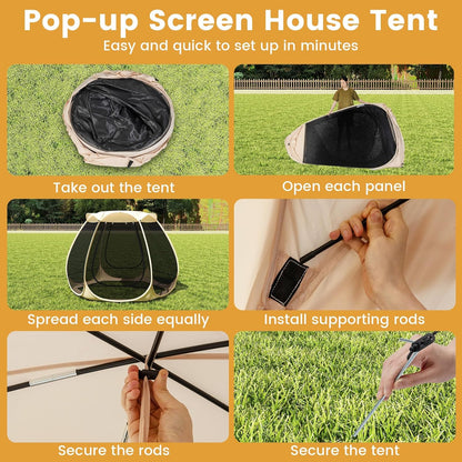 FANTASK Pop-up-tent, opvouwbaar paviljoen met rondom mesh en draagtas en zonnedak, zonnedak voor 4-6 personen, campingtent, schermhuis voor tuin, terras, achtertuin