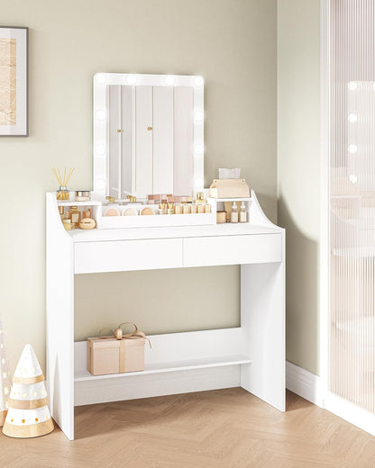 Hzuaneri Dressing Table 90cm with LED Lighting, Adjustable Brightness, Dressing Table with Mirror, Sideboard with 2 Drawers and 2 Open Compartments, Modern, WhiteDT40703X