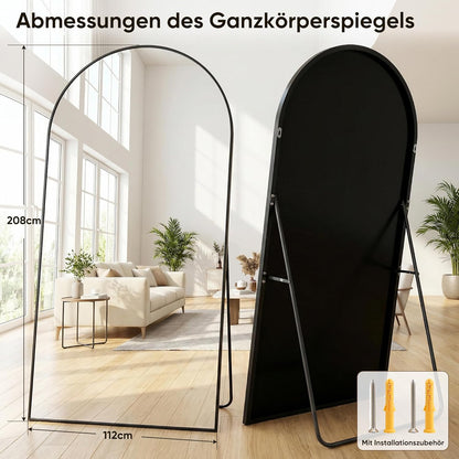 Antok 208 x 112 cm full-body spiegel, gebogen staande spiegel, frame van aluminiumlegering, onbreekbaar glas, vloerspiegel voor woonkamer, kleedkamer, zwart